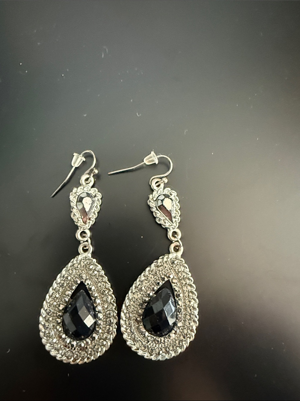 Silver-Tone Teardrop Dangle Earrings with Black Faceted Stones